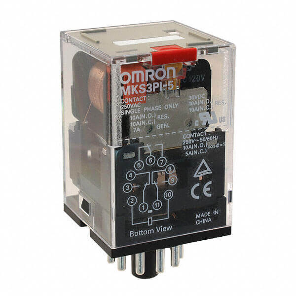 11.5 mA at 50 and 10 mA at 60 Hz Rated Load Current Omron MKS3PI-5 AC230 General Purpose Relay with Mechanical Indicator and Lockable Test Button 120 VA Basic Model Type Triple Pole Double Throw Contacts Standard Internal Connections Plug-In Terminal 